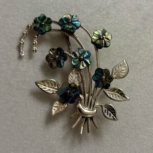 Vintage 925 Sterling Silver Blue Green Abalone Floral Statement Brooch Pin